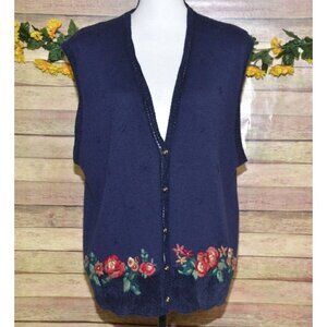 Vintage Koret Ladies L Blue Wool Blend Cardigan Vest Sweater Embroidered Floral